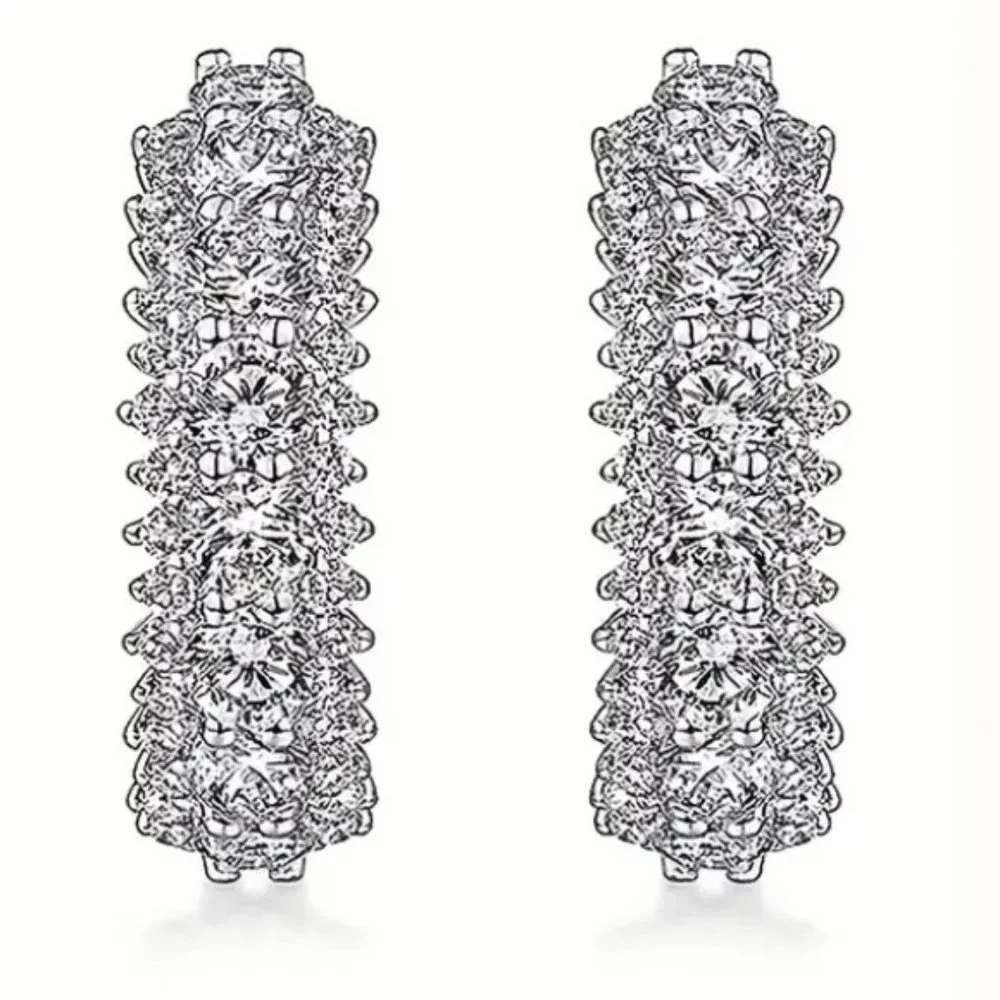 Silver Plated Sparkling Zircon Inlaid Elegant Minimalist Hoop Earrings Jewelry - Picture 4 of 5